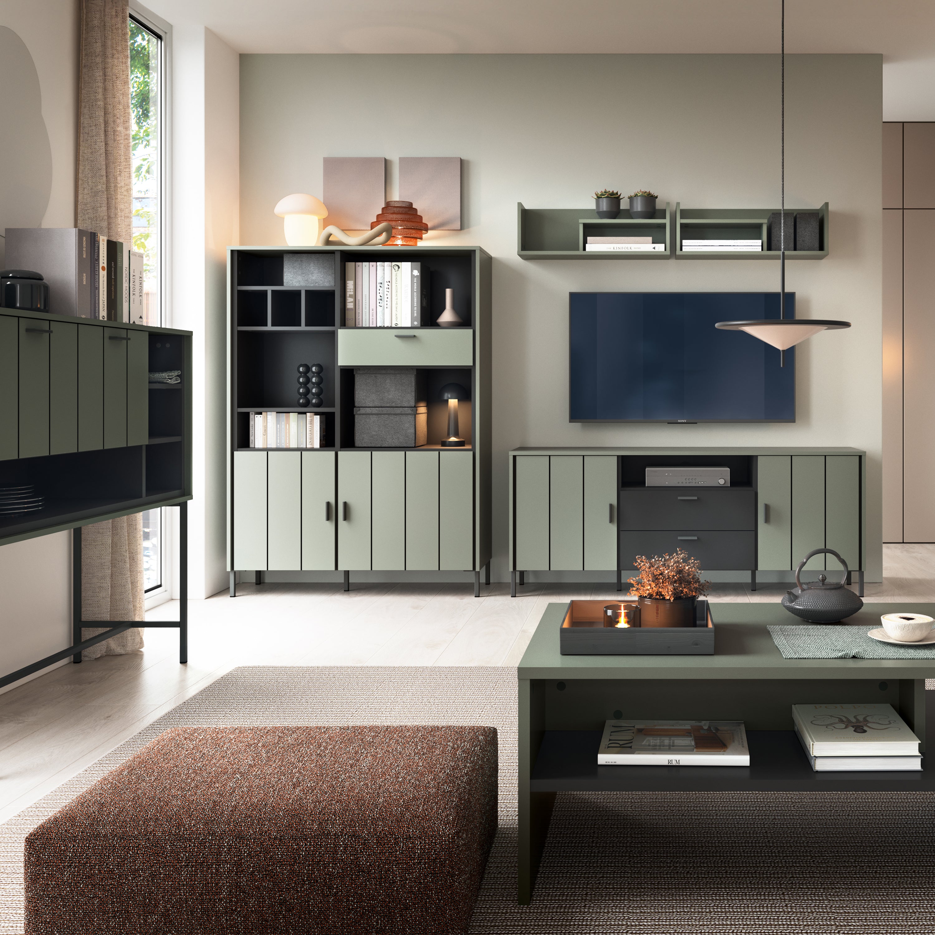 Atticus TV Cabinet 2 Door 2 Drawer 158cm Wide in Green/Grey
