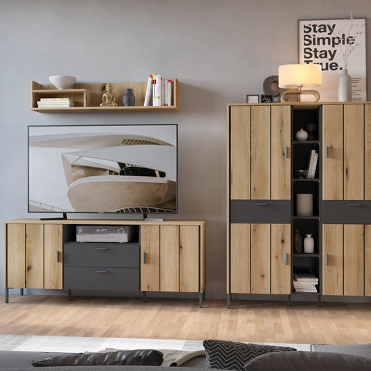 Atticus TV Cabinet 2 Door 2 Drawer 158cm Wide in Oak/Grey