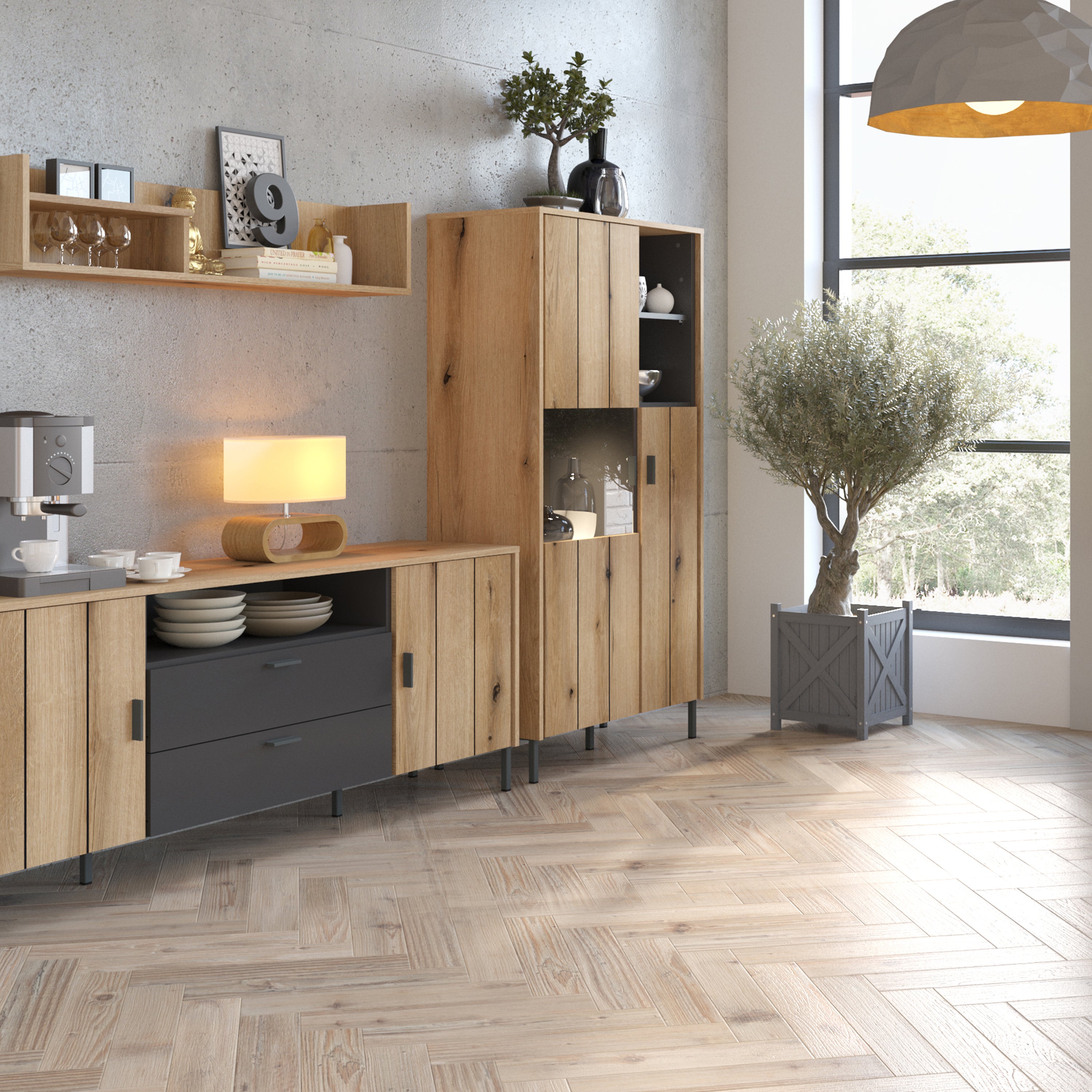 Atticus 2 Door Display Cabinet in Oak/Grey