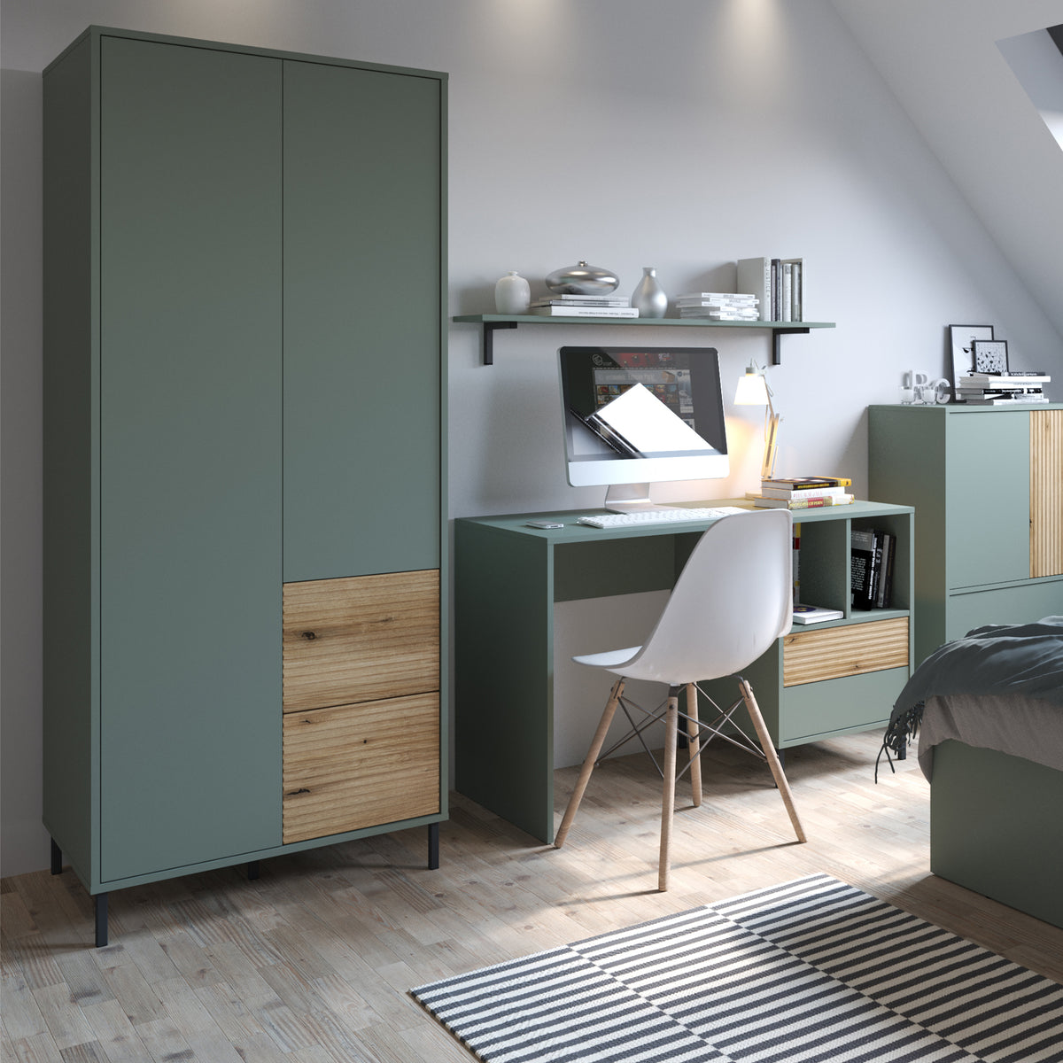 Danica Wardrobe 2 Door 2 Drawer in Green/Oak
