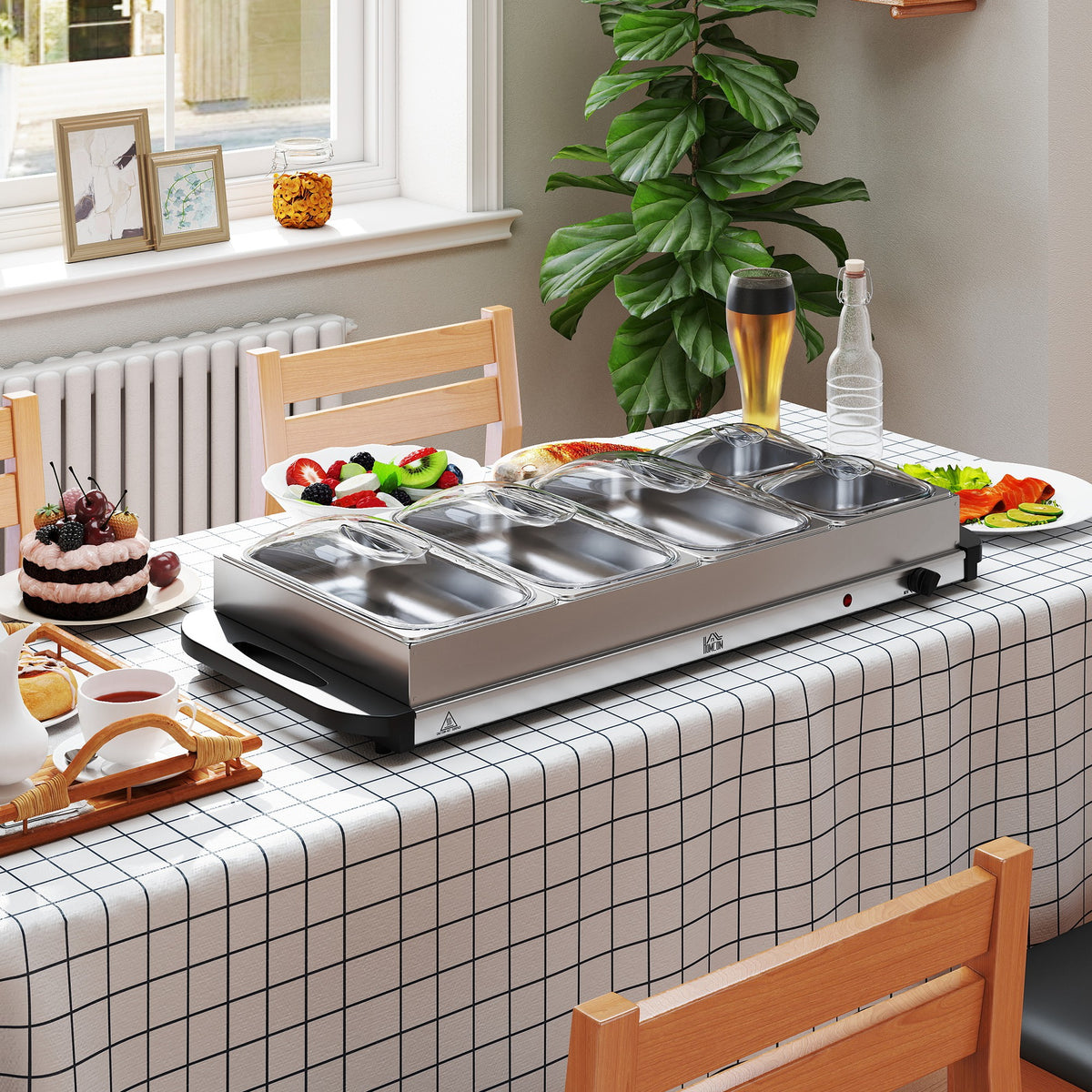 5 Tray Electric Food Warmer Buffet Server with Warming Plate, Cool Touch Handles, Adjustable Temperature, 300W, 3 x 2.4L and 2 x 1L Pans
