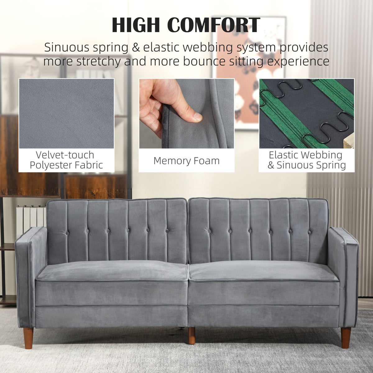 Velvet-Feel Three-Seater Sofa Bed with Wooden Legs, 300 kg - Dark Grey