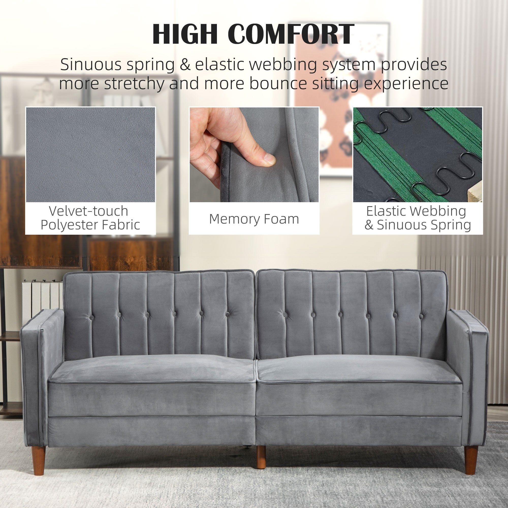 HOMCOM Velvet-Feel Three-Seater Sofa Bed with Wooden Legs, 300 kg - Dark Grey