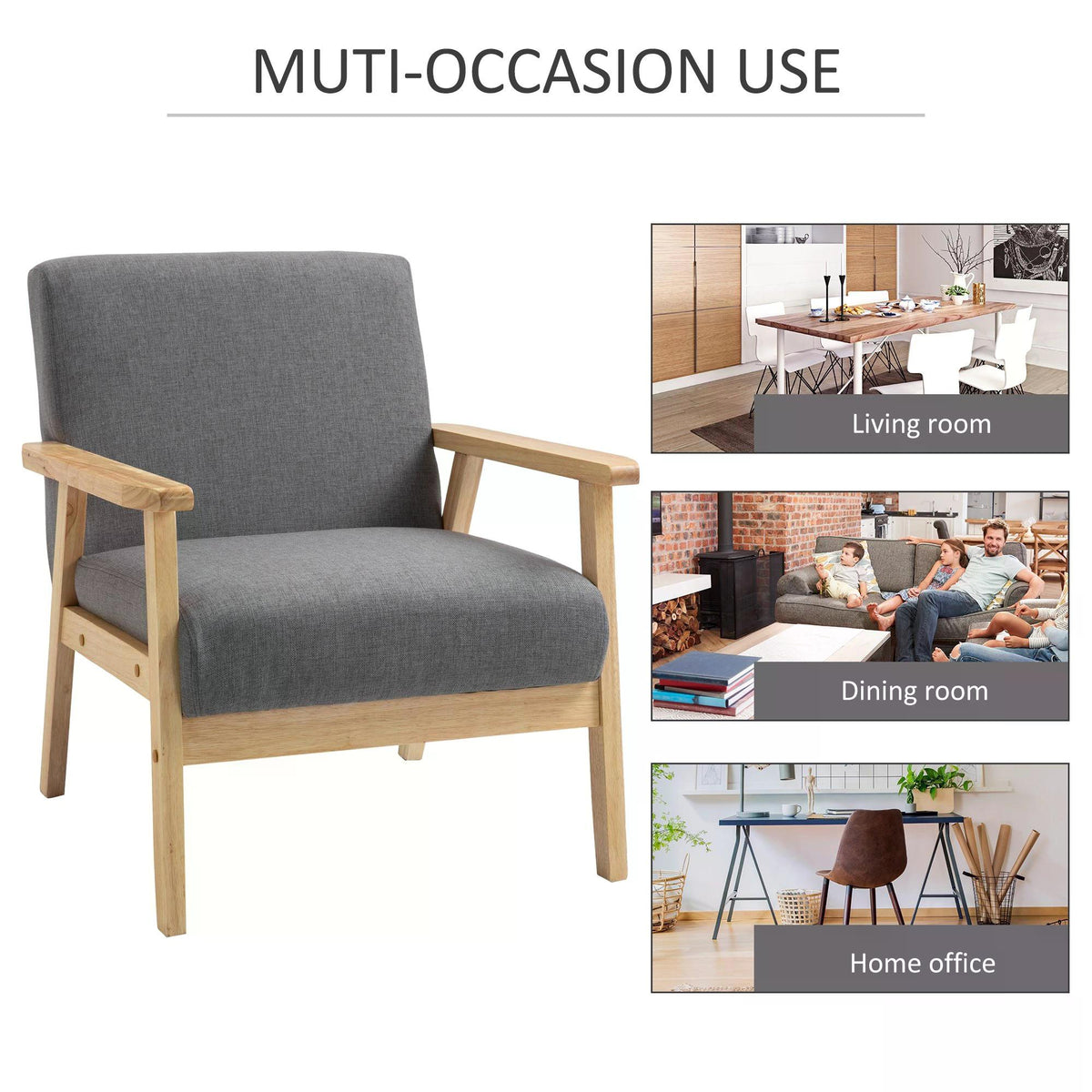 Minimalistic Wooden Frame Accent Chair, with Padded Seat