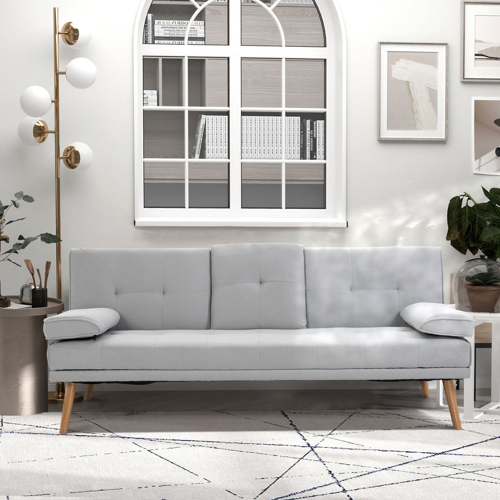 HOMCOM Fabric Click Clack Sofa Bed with 2 Cup Holders, Convertible Futon Settee, Futon Recliner Lounge for Living Room, Spare Room, Bedroom, Grey