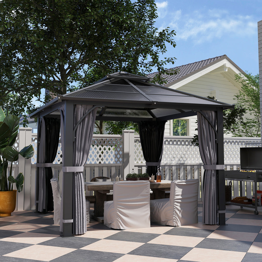 Outsunny 3 x 3(m) Hardtop Gazebo Canopy with 7mm Polycarbonate Double-Tier Roof, Garden Gazebo Permanent Pavilion with Mosquito Netting and Curtains for Patio, Terrace, Dark Grey