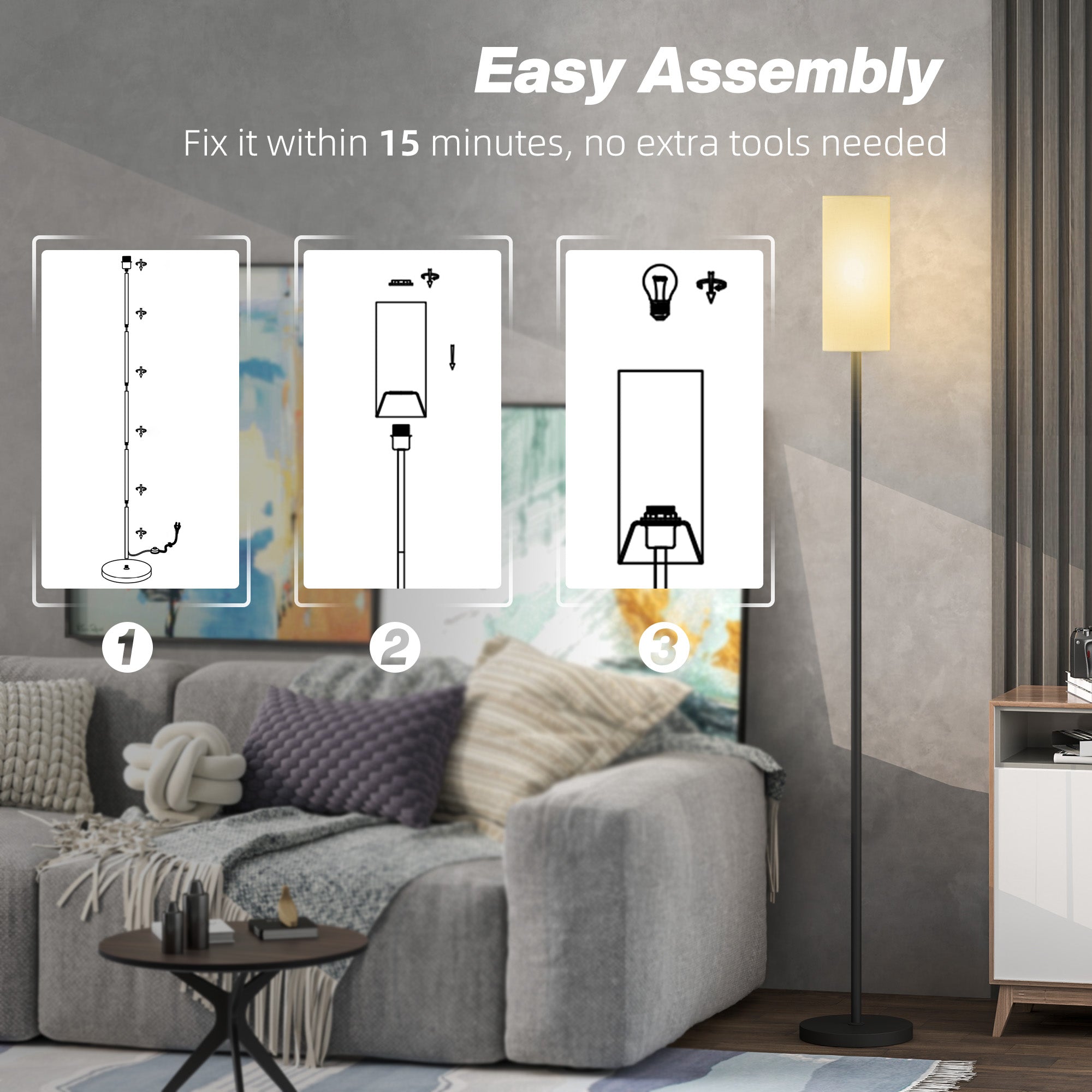 Floor Lamp for Living Room, Modern Standing Lamp with Linen Shade & Foot Switch, Minimalist Tall Pole Lampshade for Bedroom, Office, White