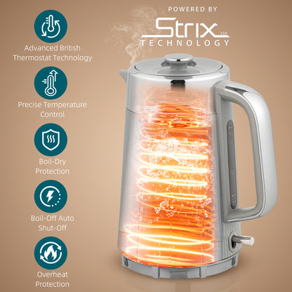 Electric Stainless Steel Kettle and Toaster Set, 3000W 1.7L UK Strix Thermostat Fast Boil Kettle w/ Limescale Filter, Cool Touch Body, 4 Slice Toaster with 7 Browning Levels, Taupe