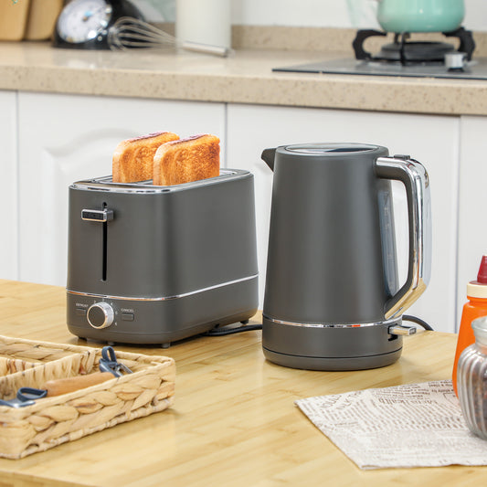 Kettle and Toaster Set, 1.7L 3000W Fast Boil Kettle & 2 Slice Toaster Kitchen Set with 6 Level Browning Controls, Defrost, Reheat, Grey