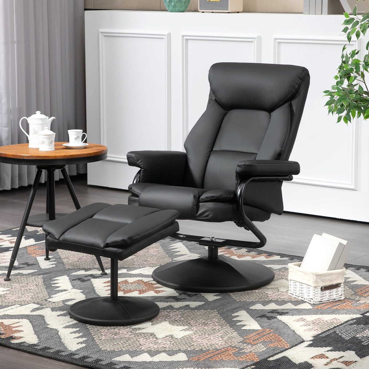 Swivel Recliner Chair with Footstool, PU Leather Recliner Armchair with Ottoman, Steel Base, Upholstered Reclining Chair for Living Room, Bedroom, Office, Black