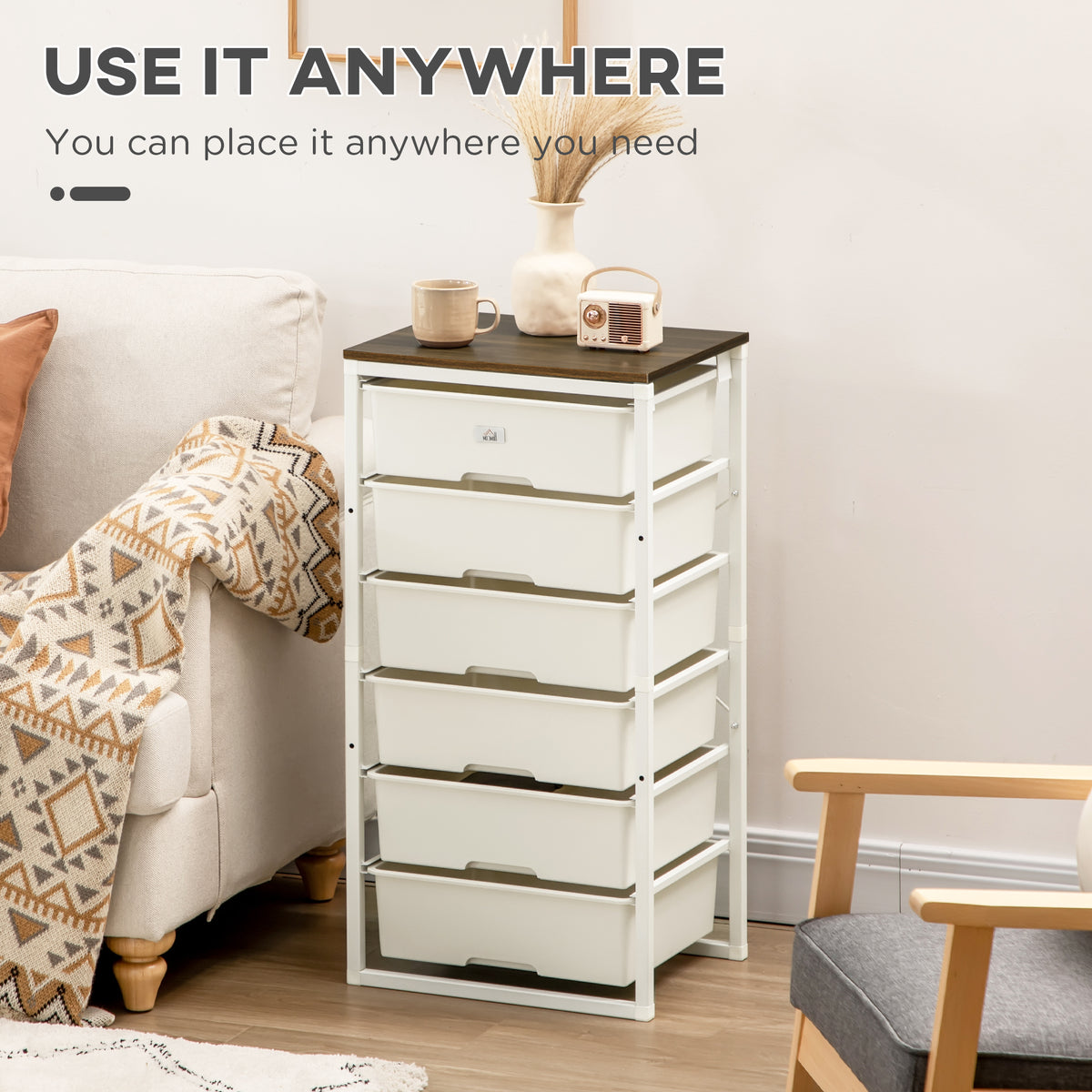 Bedroom Chest of Drawers, 6-Drawer Dresser, Tall Storage Drawer Unit with Steel Frame for Living Room, White