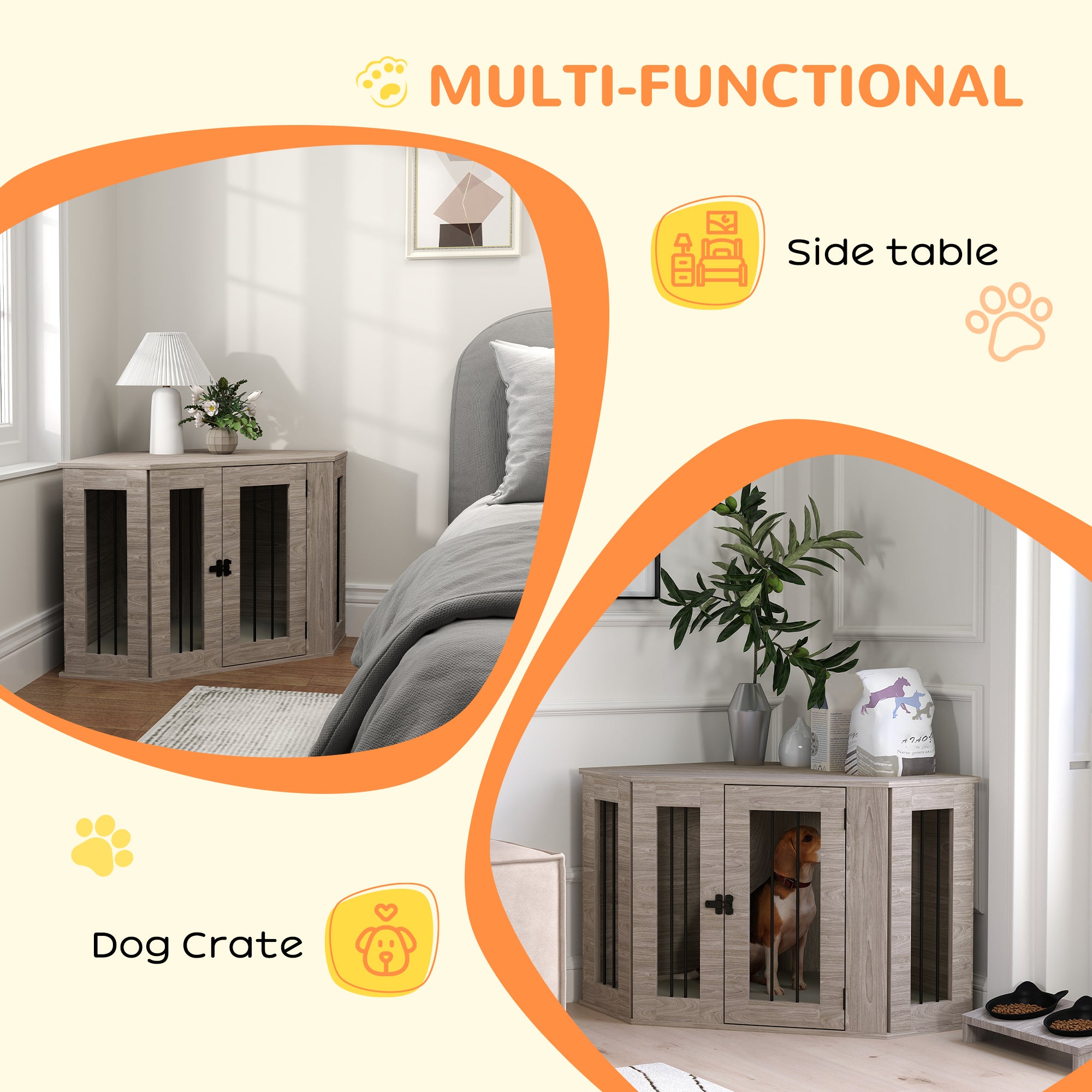PawHut Dog Crate Furniture Side Table, with Cushion, 104 x 55 x 63cm - Walnut Brown
