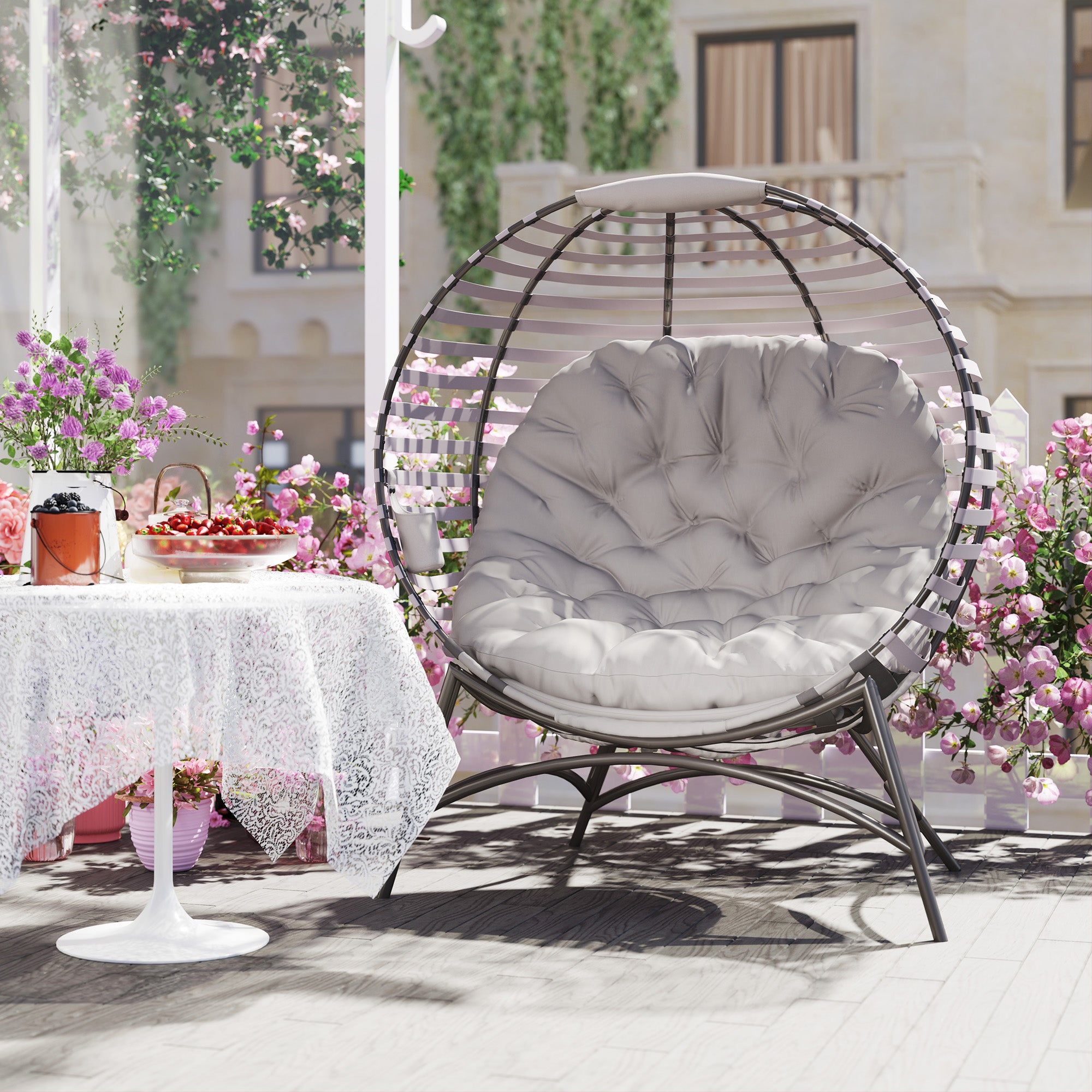 Outsunny Egg Chair with Cushion & Side Pocket - Light Grey