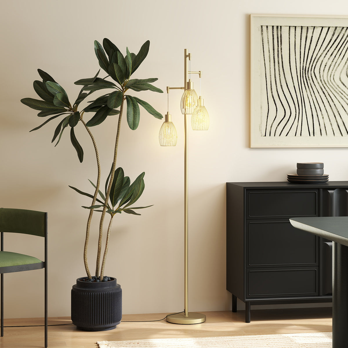 3-Light Floor Lamp, 170cm Industrial Dimmable Standing Lamp with Steel Wire Cage Lampshades for Living Room, Bedroom, Dining Room, Study, Bulb Not Included, Gold Tone