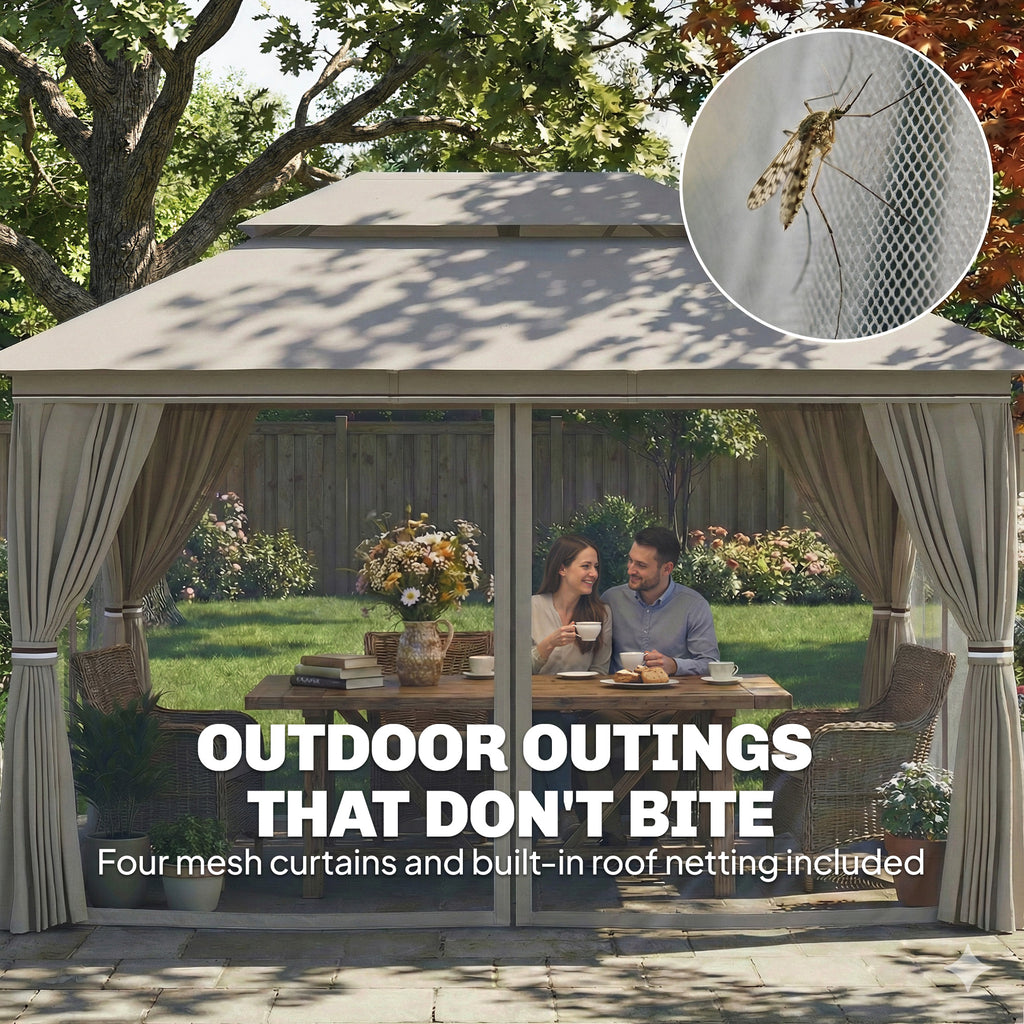 Outsunny 3 x 4 m Outdoor Garden Gazebo with Netting and Curtains, UPF50+ Patio Gazebo Permanent Pavilion Canopy, Beige