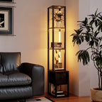 Floor Lamp with Shelves, LED Column Modern Standing Lamp with Fabric Drawer, Adjustable Brightness, Foot Switch for Living Room, Bedroom, Office, Black