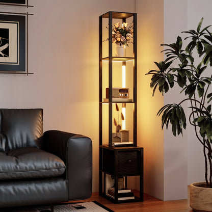 Floor Lamp with Shelves, LED Column Modern Standing Lamp with Fabric Drawer, Adjustable Brightness, Foot Switch for Living Room, Bedroom, Office, Black