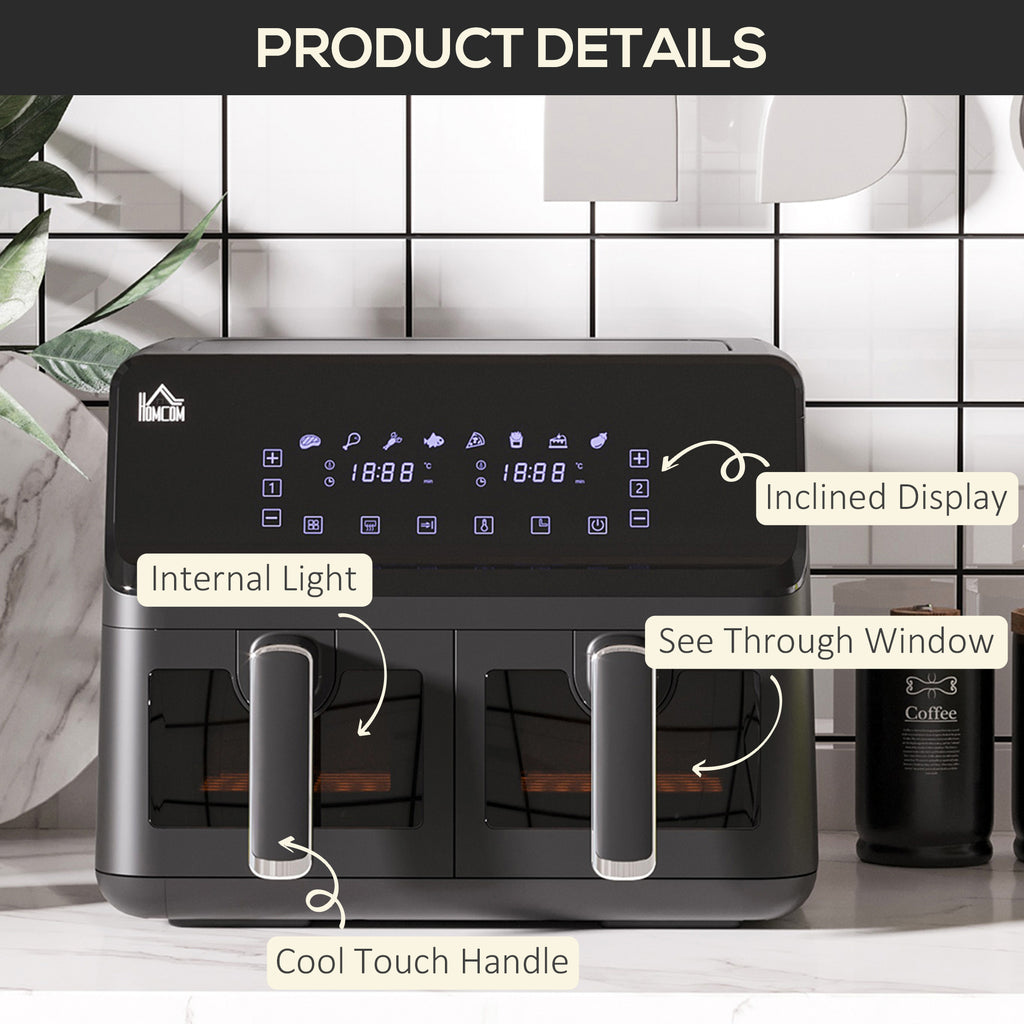 8L Dual Basket Air Fryer, 8-in-1 Air Fryer Oven with Digital Display, Visible, Timer, Preheat for Oil Free Low Fat Cooking, 2500W, Sync Finish, Sliver