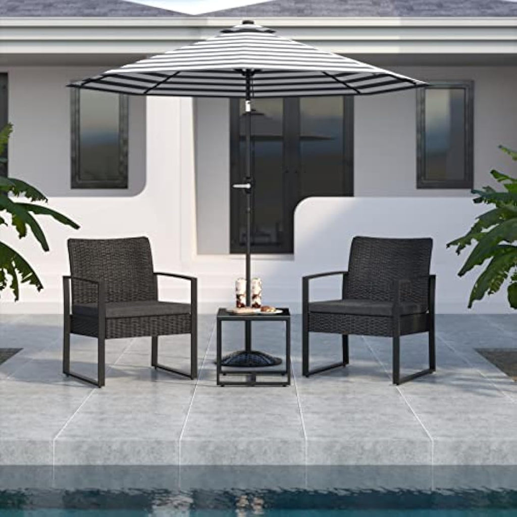 Mondeer Rattan Garden Furniture Set, 3 PCS Patio Bistro Set, 2 Seater Rattan Chairs with Cushions and Coffee Table in Black