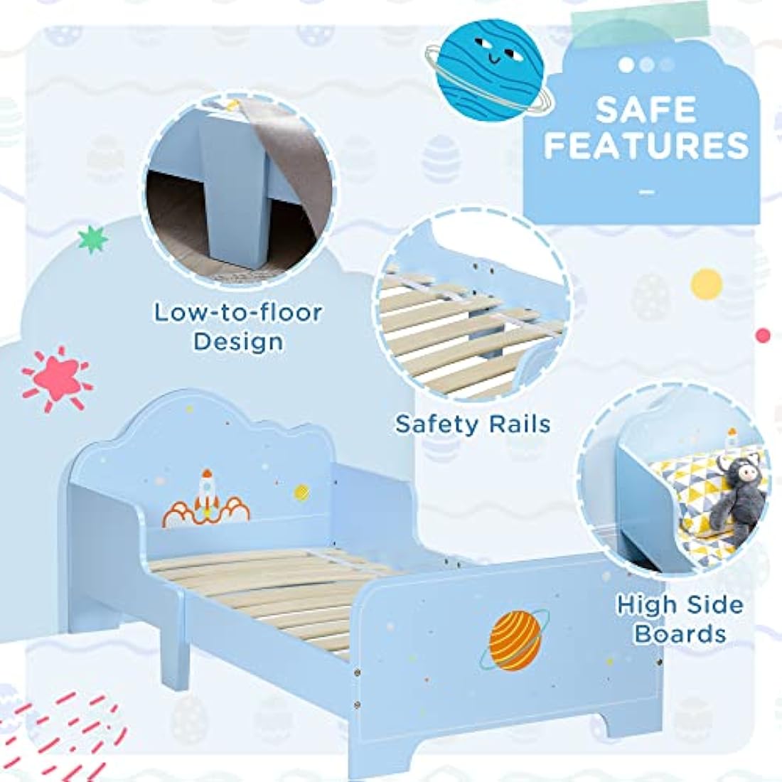 Toddler Bed, Safety Rails, Kids Bedroom Furniture for Boys, Girls, Ages 3-6 Years, 143 x 74 x 59cm - Blue
