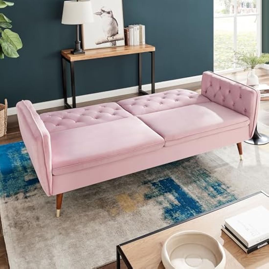 Victoria 3 Seater Velvet Fabric Sofa Bed- Rose .                       Click Clack Mechanism Sofa Bed With Gold Accent Legs.