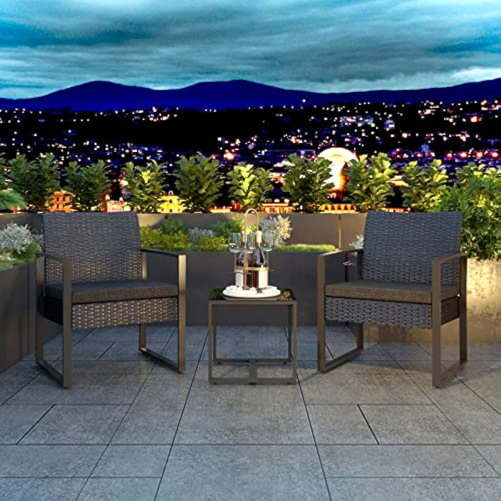 Mondeer Rattan Garden Furniture Set, 3 PCS Patio Bistro Set, 2 Seater Rattan Chairs with Cushions and Coffee Table in Black