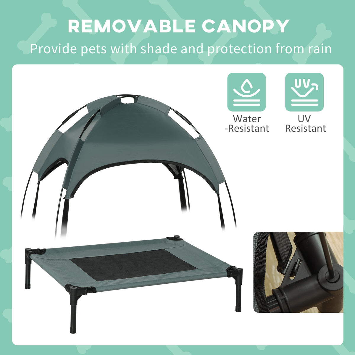 PawHut Outdoor Dog Bed with Removable Canopy, Portable Raised Dog Bed for Camping, Garden & Beach, Water-Resistant UV-Protection Mesh Pet Cot Sun Lounger, for Small Pets, 61 x 46 x 62 cm, Grey