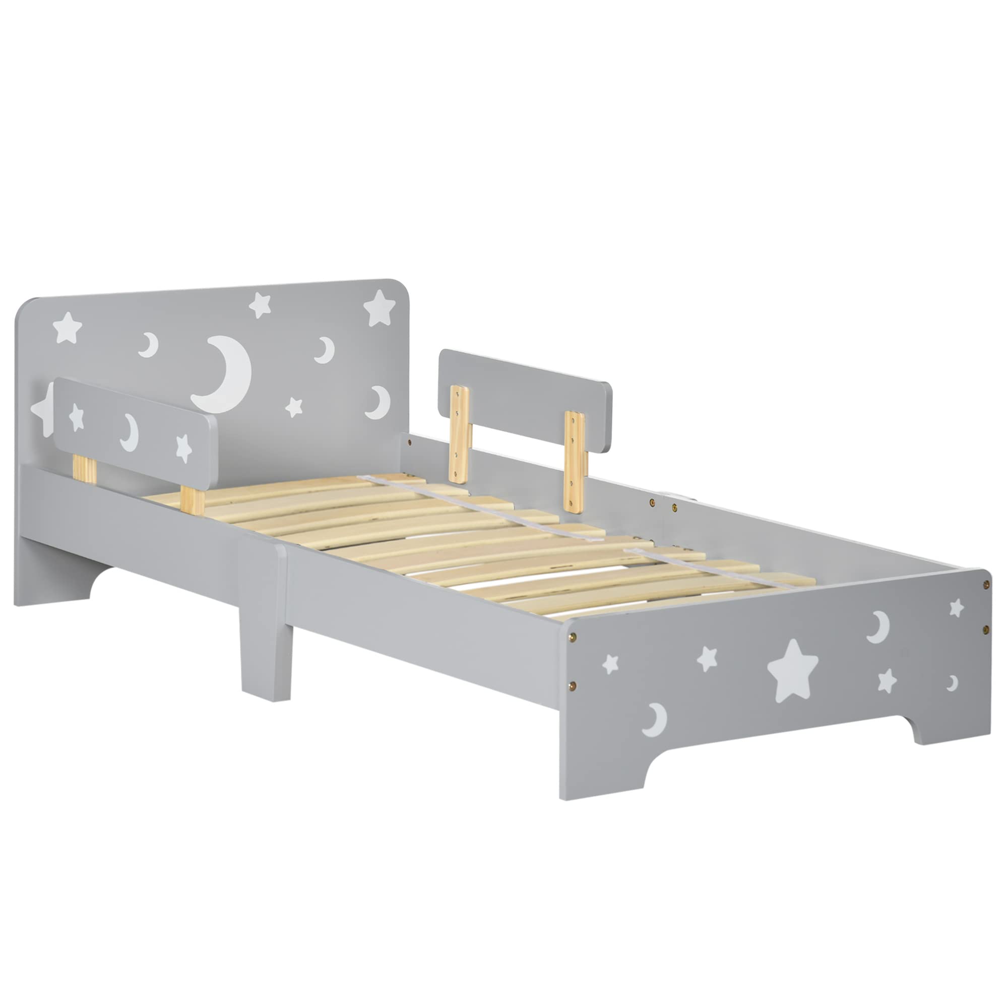 Toddler Bed Children's Bedroom Furniture w/Star and Moon Patterns, Side Rails, for Boys, Girls, Ages 3-6 Years, 143 x 76 x 49cm - Grey