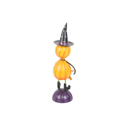 Orange Metal Pumpkin Man Ornament with Witch Hat