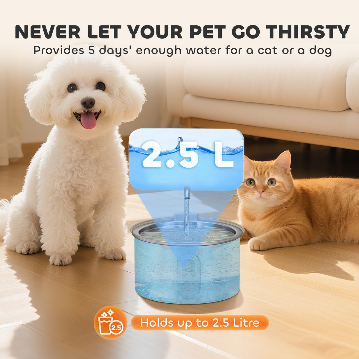PawHut 2.5L Stainless Steel Cat Water Fountain for Drinking with Ultra-Silent Pump, Water-Level Window, 7 Filters