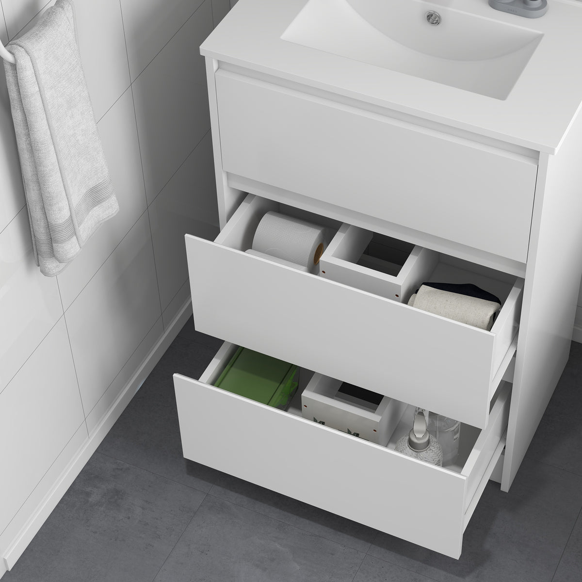 kleankin 600mm Bathroom Vanity Unit with Basin and Single Tap Hole, High Gloss White Floor Standing Bathroom Sink Unit with 2 Drawers for Cloakroom
