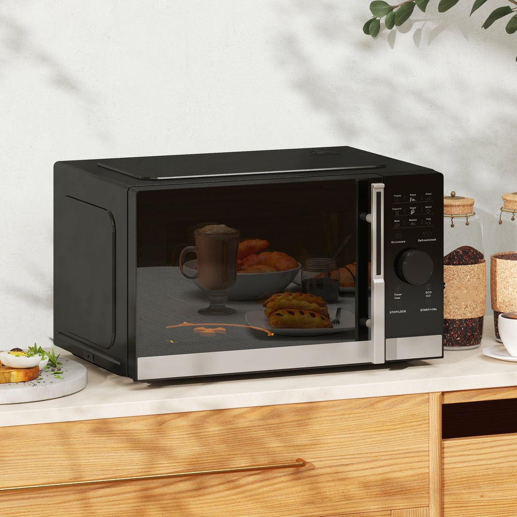 23L 800W Microwave Oven, Digital Solo Microwave with 10 Power Levels, Automatic Defrost, 8 Auto Cook Menus, 60 Minutes Timer, Clock, Easy Clean, Small Black Microwave