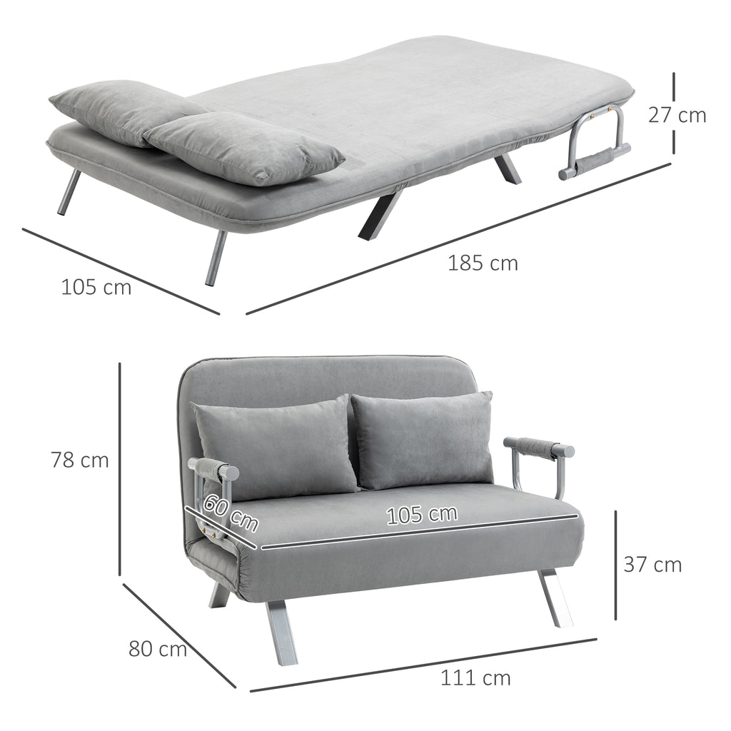 HOMCOM Two-Seater Click-Clack Sofa Bed with Pillows - Light Grey