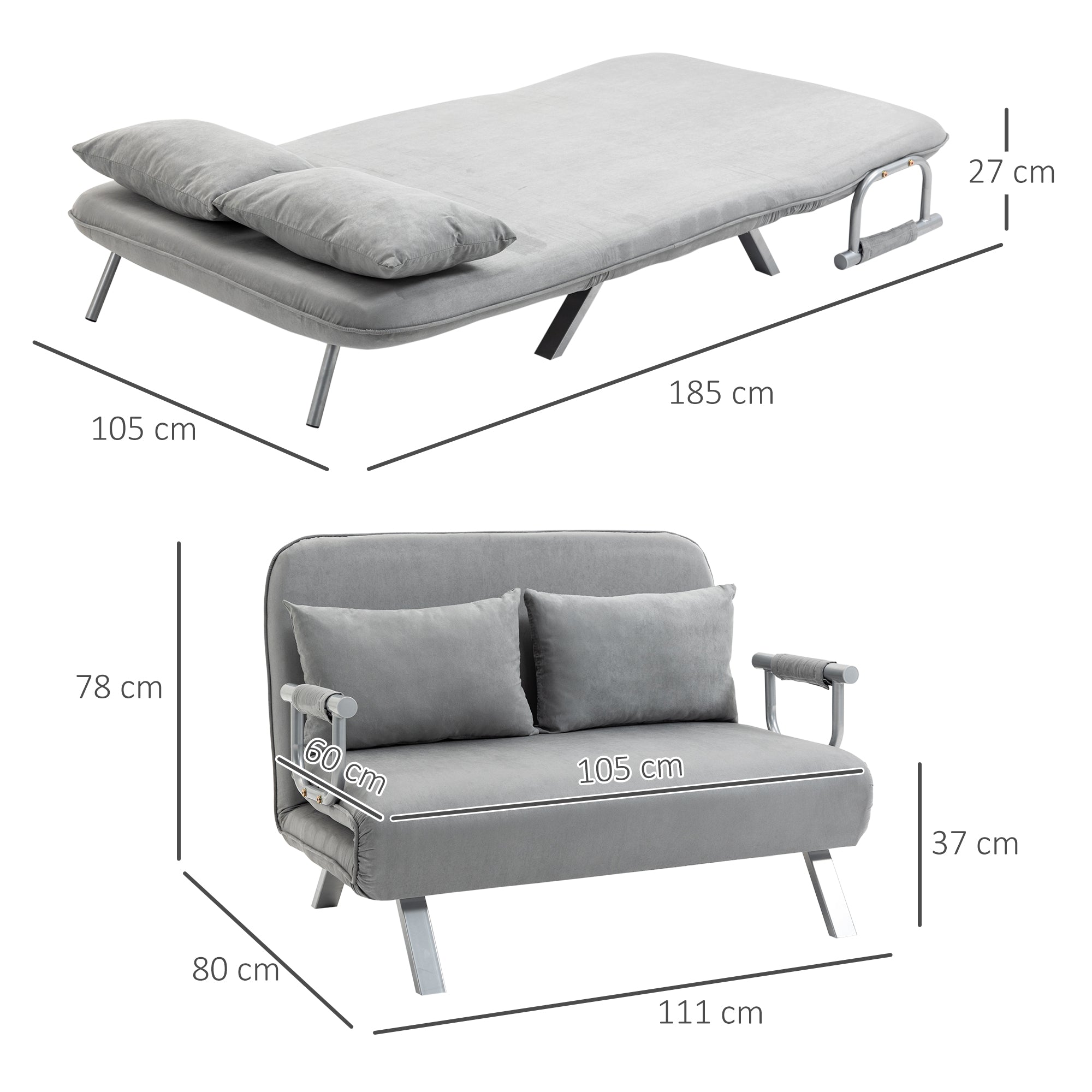 HOMCOM Two-Seater Click-Clack Sofa Bed with Pillows - Light Grey