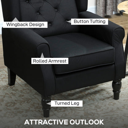 Wingback Accent Chair, Faux Linen Armchair with Thick Spring Cushion, High Back, Solid Wood Legs, Retro Button Tufted Reading Chair for Living Room, Bedroom, Black