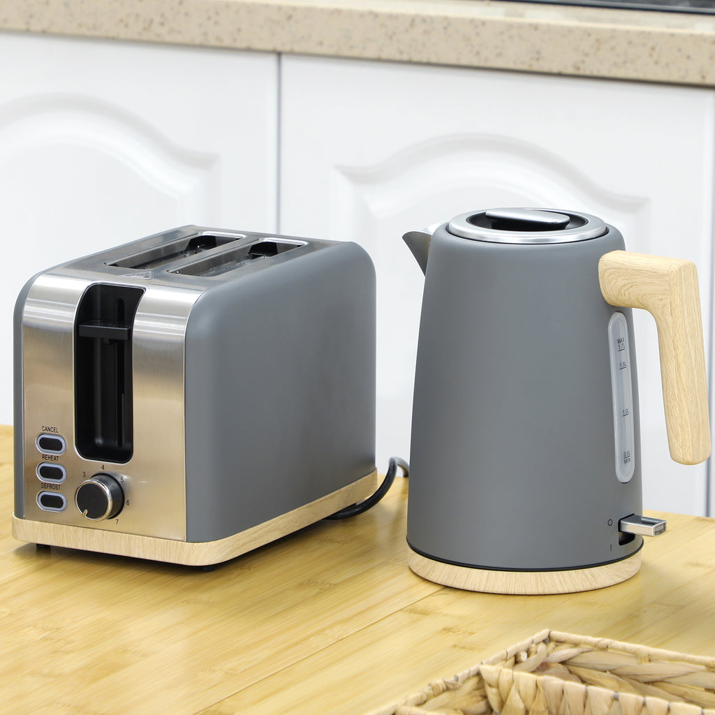 Stainless Steel Kettle and Toaster Set, 1.7L 3000W Fast Boil Kettle & 2 Slice Toaster Kitchen Set with 7 Level Browning Controls, Defrost, Reheat, Auto Off, Boil-dry Protection, Grey