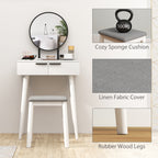 HOMCOM Modern Dressing Table with Round Mirror and Stool, Makeup Vanity Table with 2 Drawers for Bedroom, Living Room, 60 x 40 x 123 cm, White