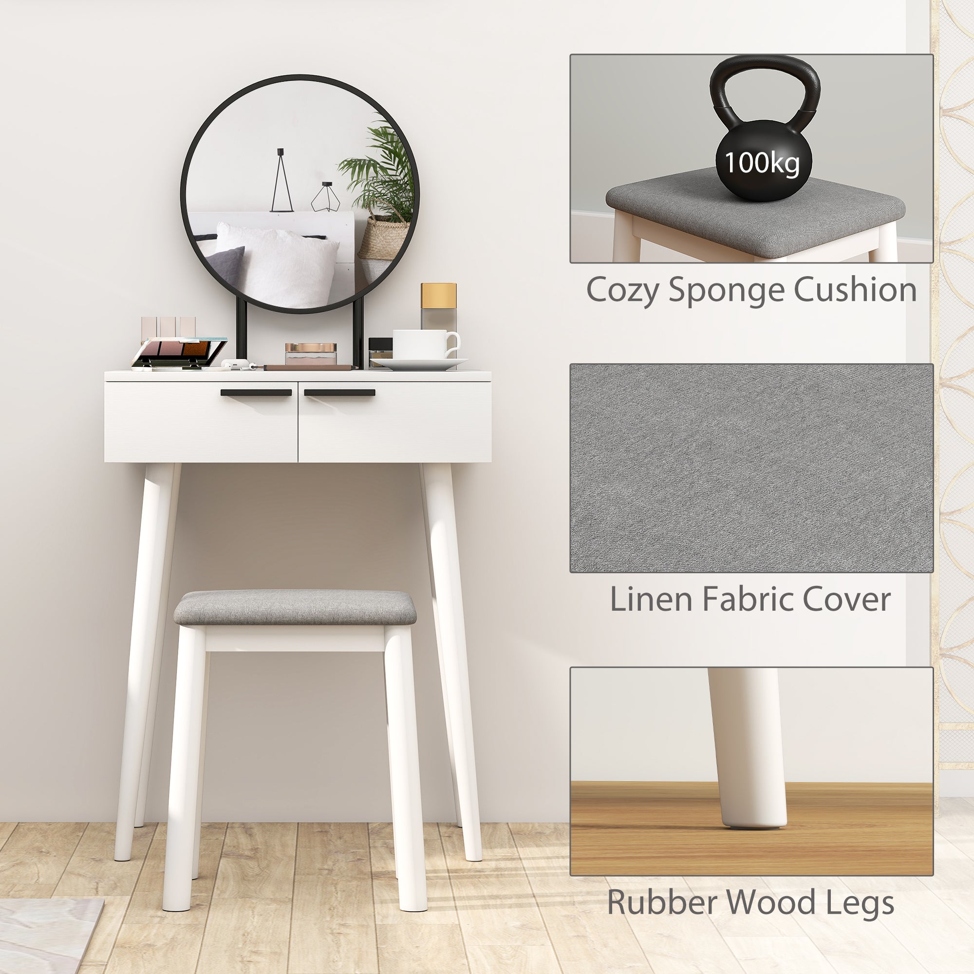 HOMCOM Modern Dressing Table with Round Mirror and Stool, Makeup Vanity Table with 2 Drawers for Bedroom, Living Room, 60 x 40 x 123 cm, White