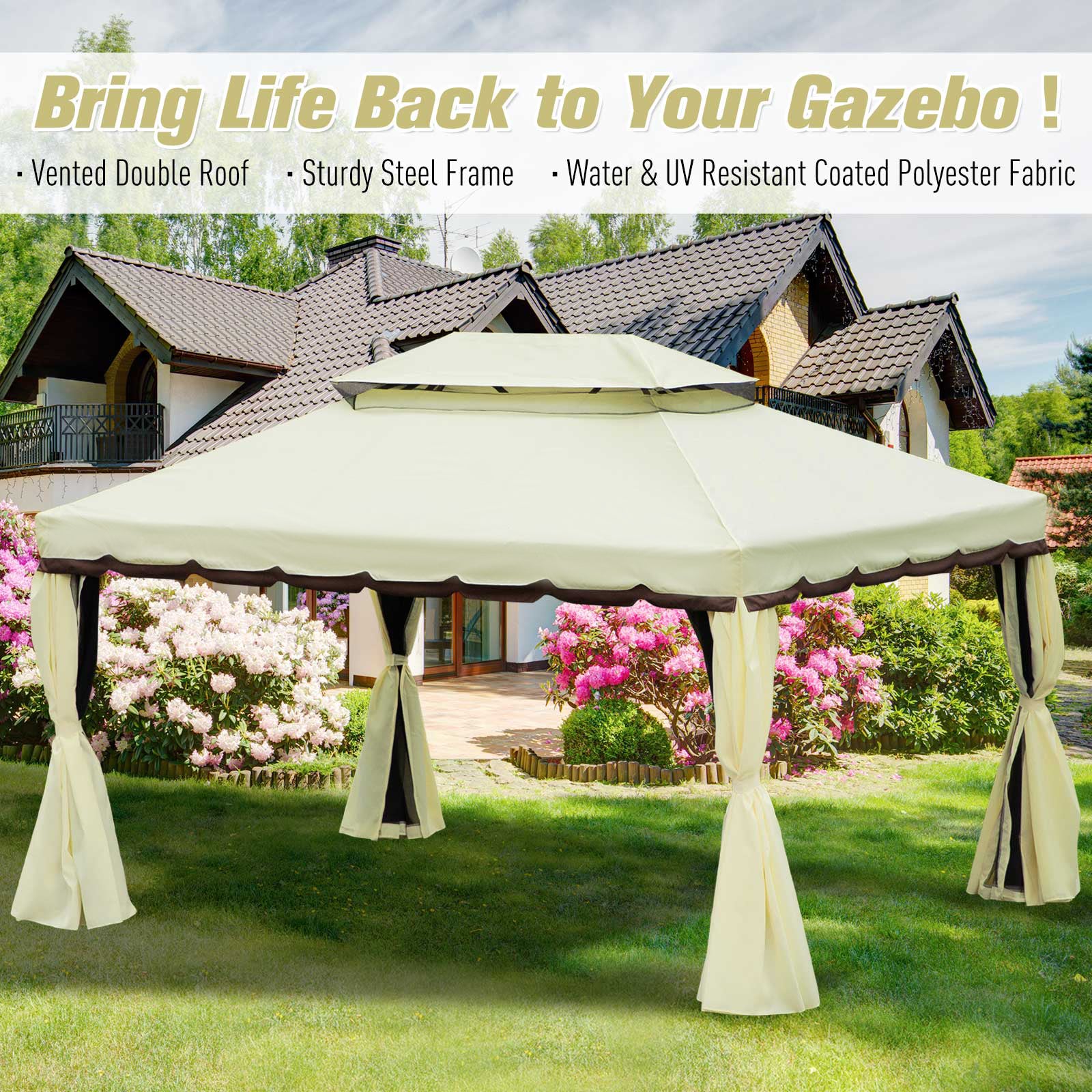 Outsunny 4 x 3 m Aluminum Garden Gazebo, Double Roof Outdoor Gazebo Canopy Shelter with Netting & Curtains for Garden, Lawn, Backyard and Deck, Cream