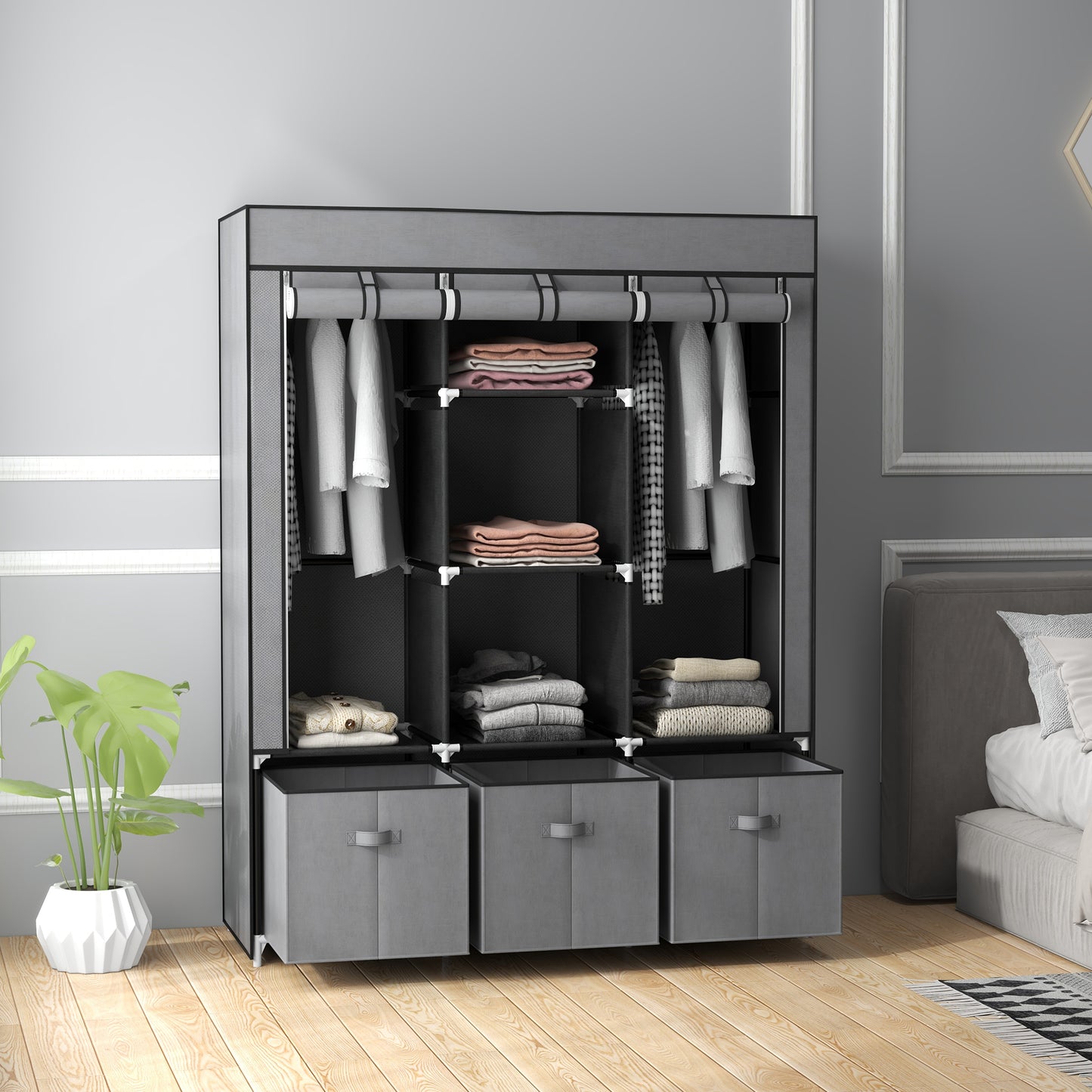 Foldable Fabric Wardrobe for Bedroom, Portable Wardrobe with 5 Shelves, 2 Hanging Rails and 3 Fabric Drawers, Dark Grey