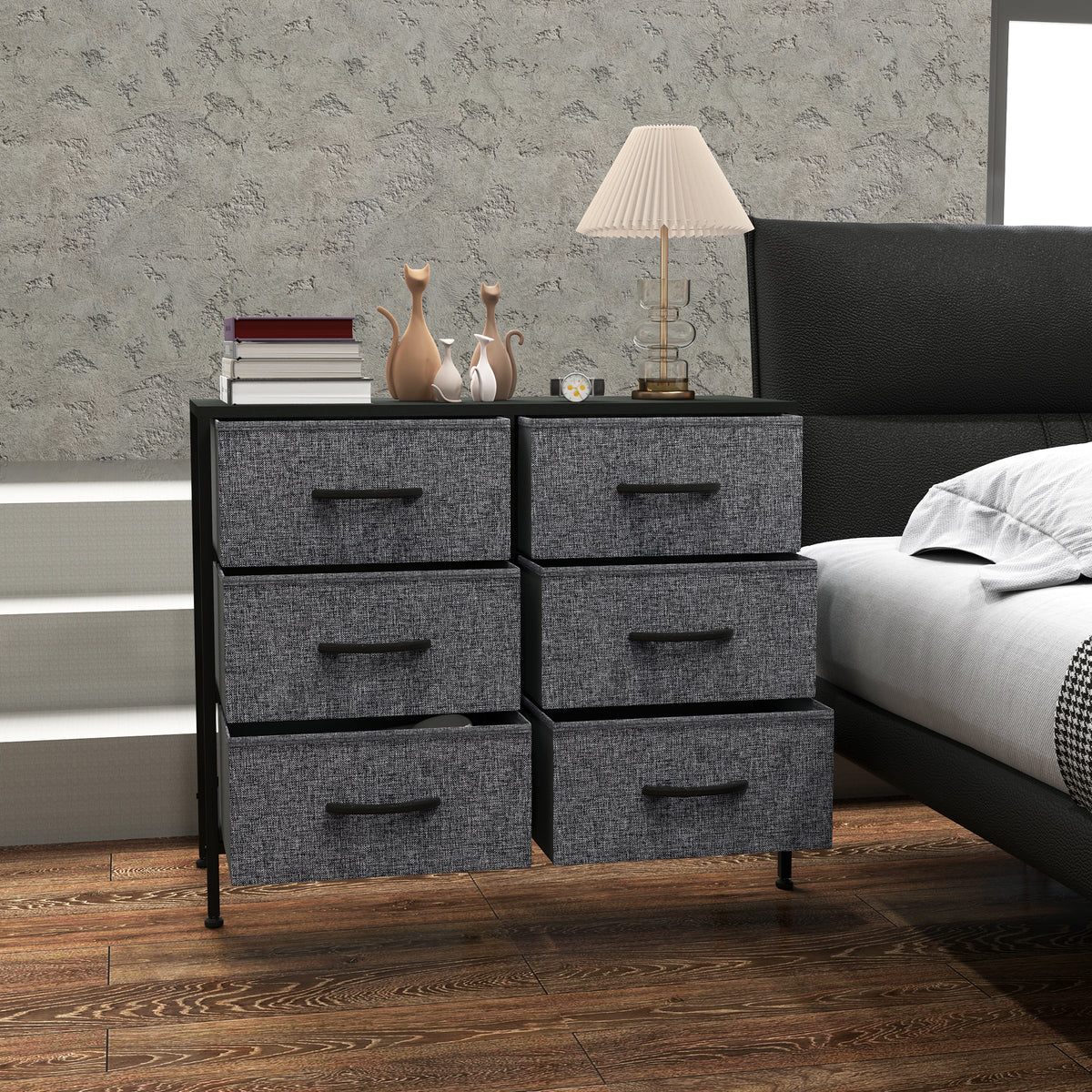 Fabric Chest of Drawers, Industrial Bedroom Dresser with 6 Fabric Drawers, Steel Frame and Wooden Top for Nursery, Living Room, Hallway, Black