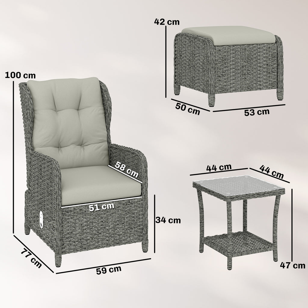 Outsunny Rattan Reclining Garden Chair Set of 2 with Footstool and Cushion for Balcony, Cream