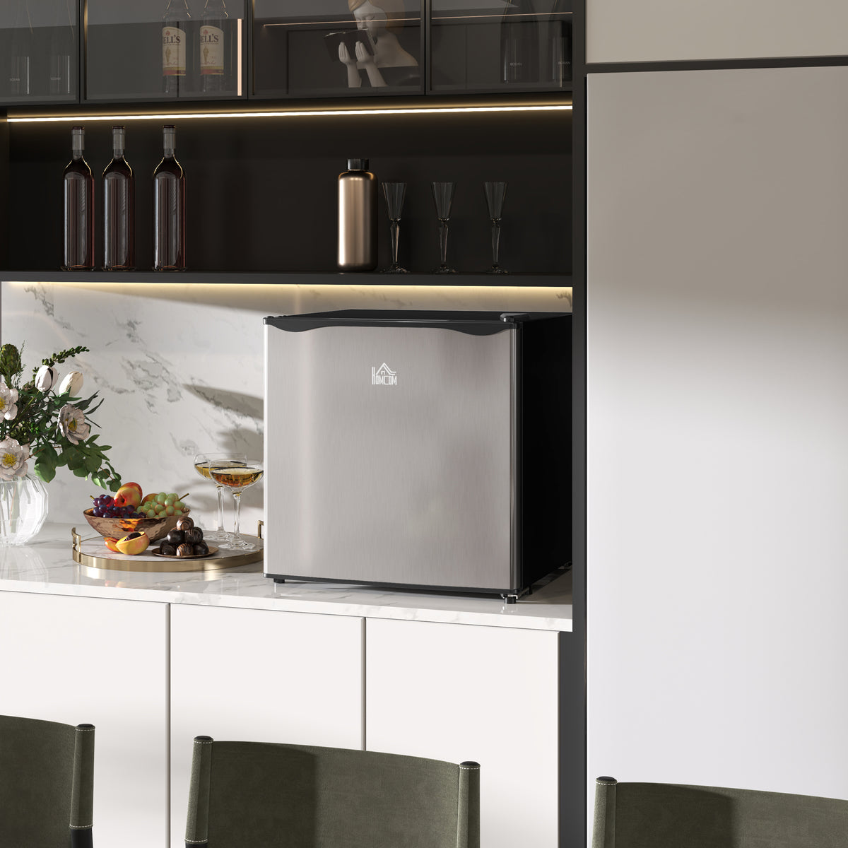 46 Litre Table Top Mini Fridge, Small Fridge with Ice Box, Reversible Door, Adjustable Temperature and Legs for Bedrooms, Home Office, Silver Tone