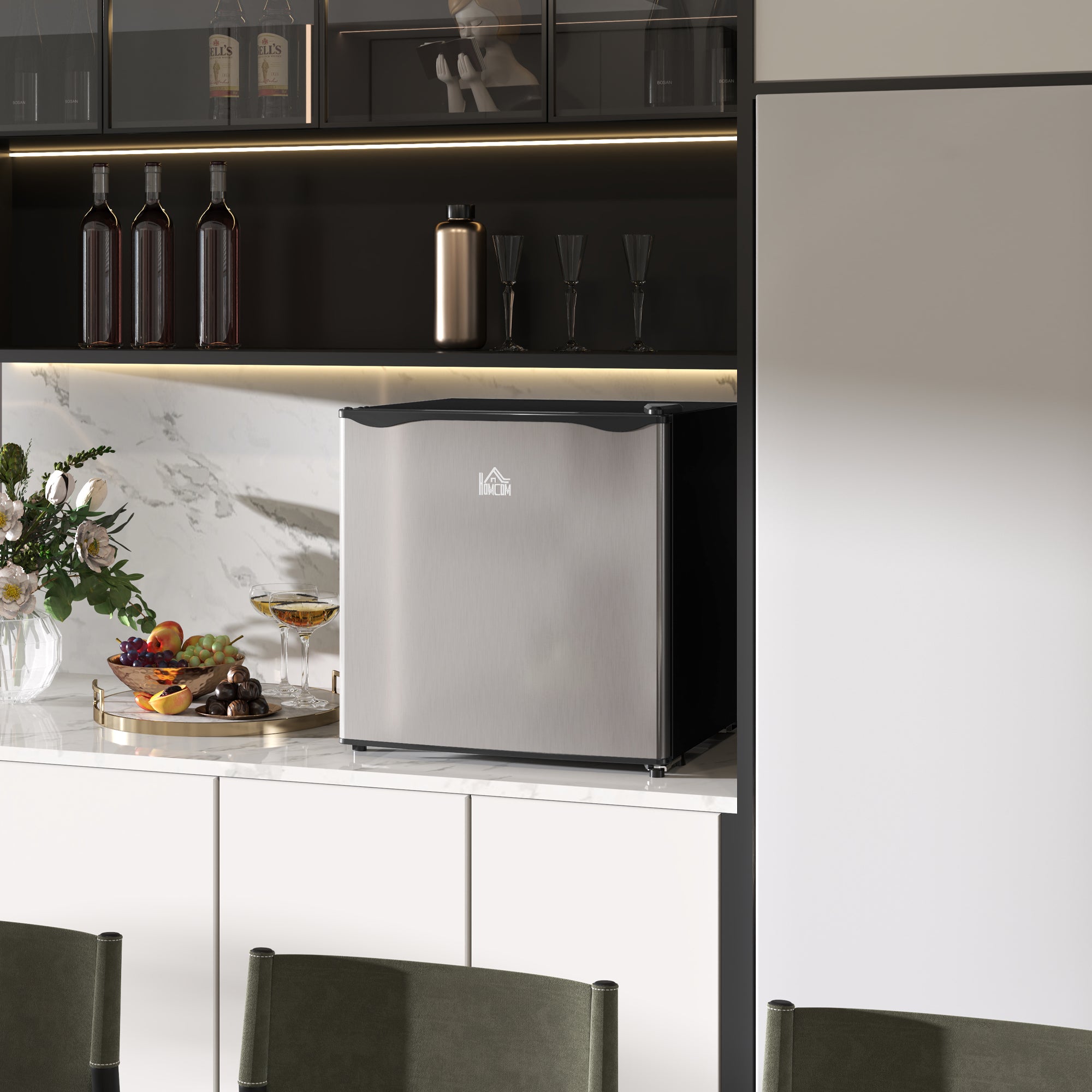 46 Litre Table Top Mini Fridge, Small Fridge with Ice Box, Reversible Door, Adjustable Temperature and Legs for Bedrooms, Home Office, Silver Tone