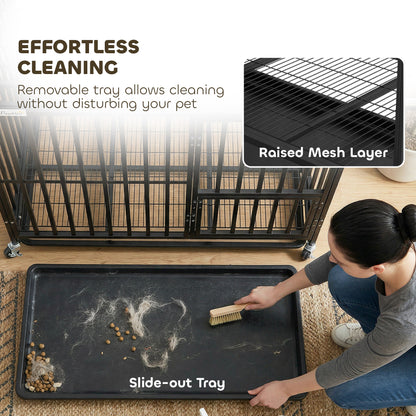 PawHut Heavy Duty Dog Crate, Dog Cage with Wheels for Medium Large Breeds with Removable Tray, Black