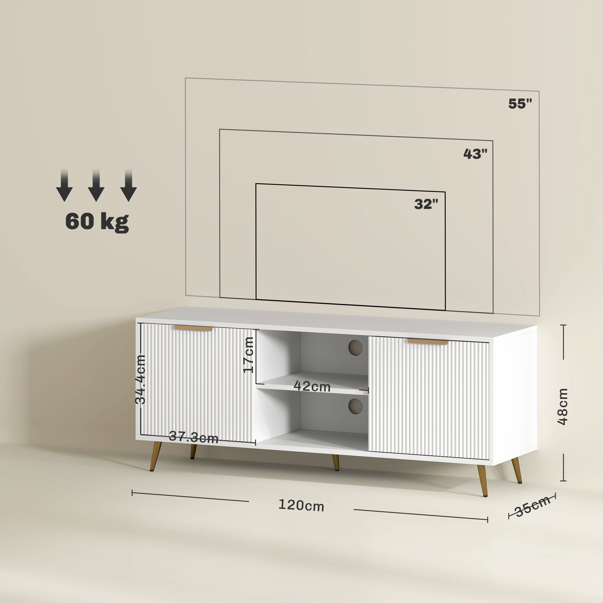 Modern TV Stand Cabinet for TVs up to 55", TV Unit with 2 Open Shelves and 2 Cabinets, Entertainment Centre with Cable Management for Living Room, White