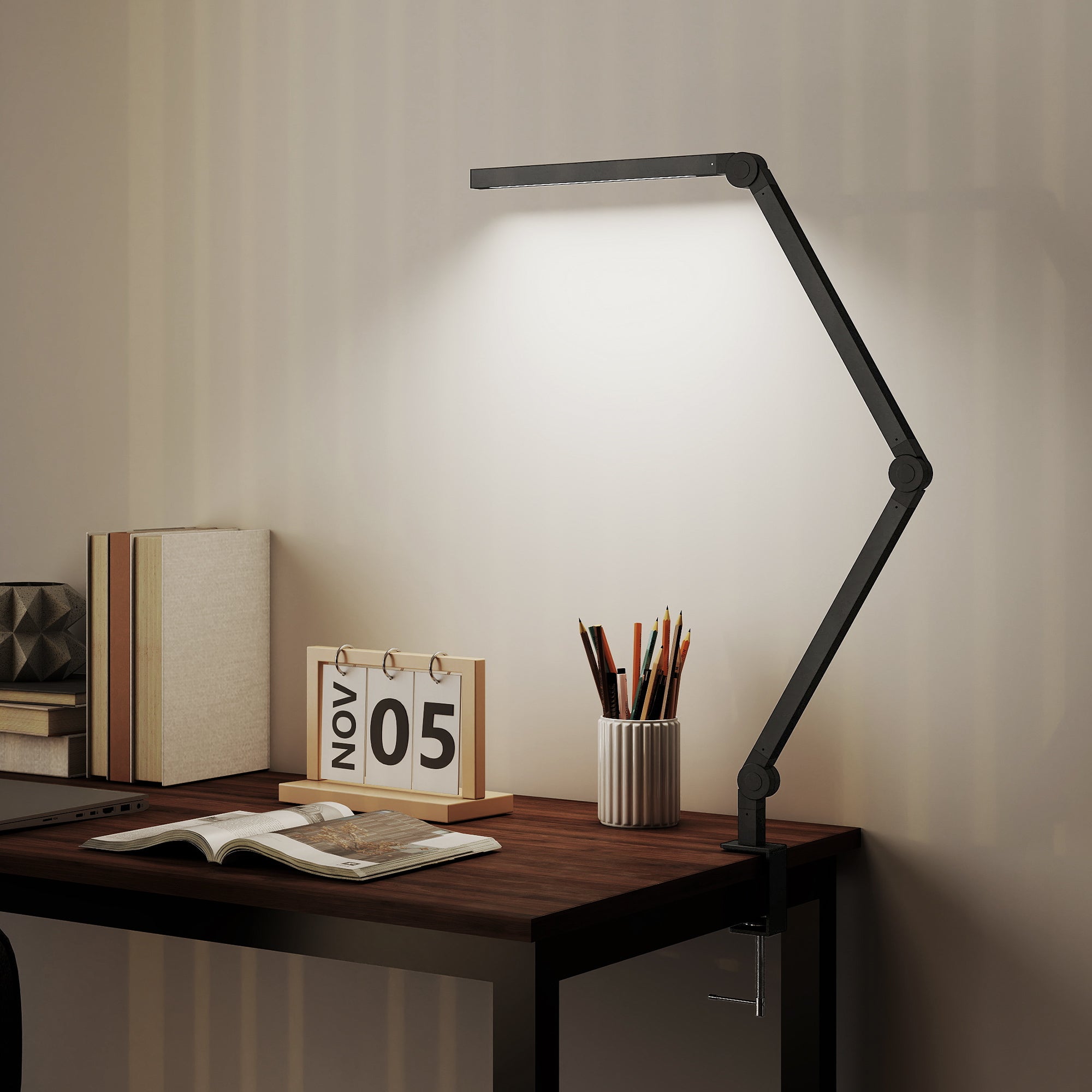 LED Desk Lamp, Dimmable Desk Light with Swing Arm and Clamp, Adjustable Eye-Caring Table Lamp with 2 Colour Modes & 5 Brightness Levels for Study, Drawing, Office, Architect, Task, Black