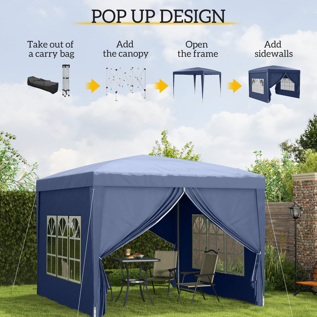 Outsunny 3 x 3 m Garden Pop Up Gazebo, Wedding Party Tent Marquee, Water Resistant Awning Canopy with Sidewalls, Windows, Carry Bag, Blue