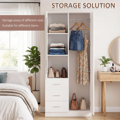 2 Door 3 Drawer Mirrored Wardrobe with Hanging Rail, Modern Clothes Storage Cupboard with Mirror, Drawers and Adjustable Shelves for Bedroom, 80 x 50 x 180 cm, White