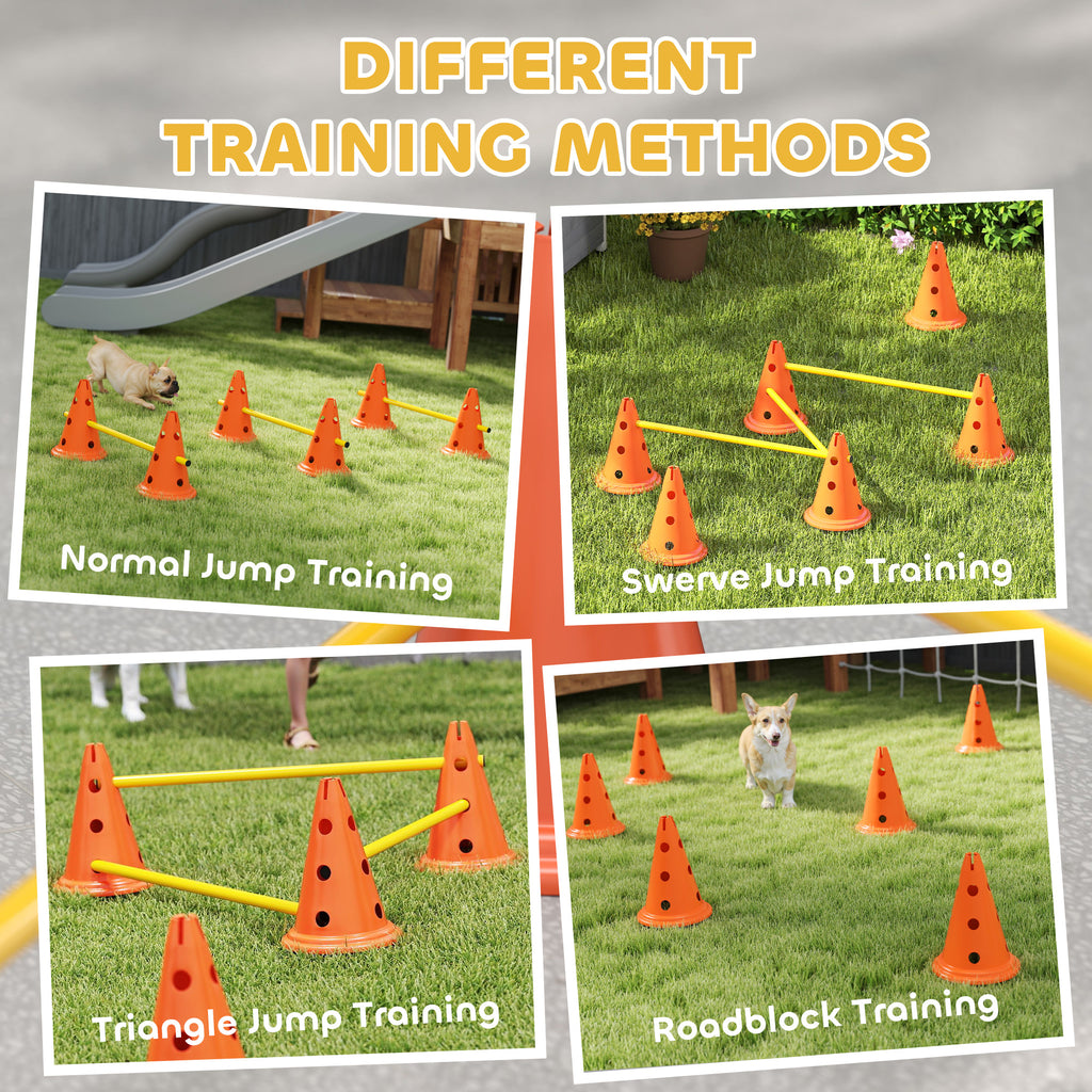 PawHut Dog Agility Equipment Set of Six Cones, Six Poles with Carry Bag, Three-Piece Adjustable Height Jumping Obstacles Orange